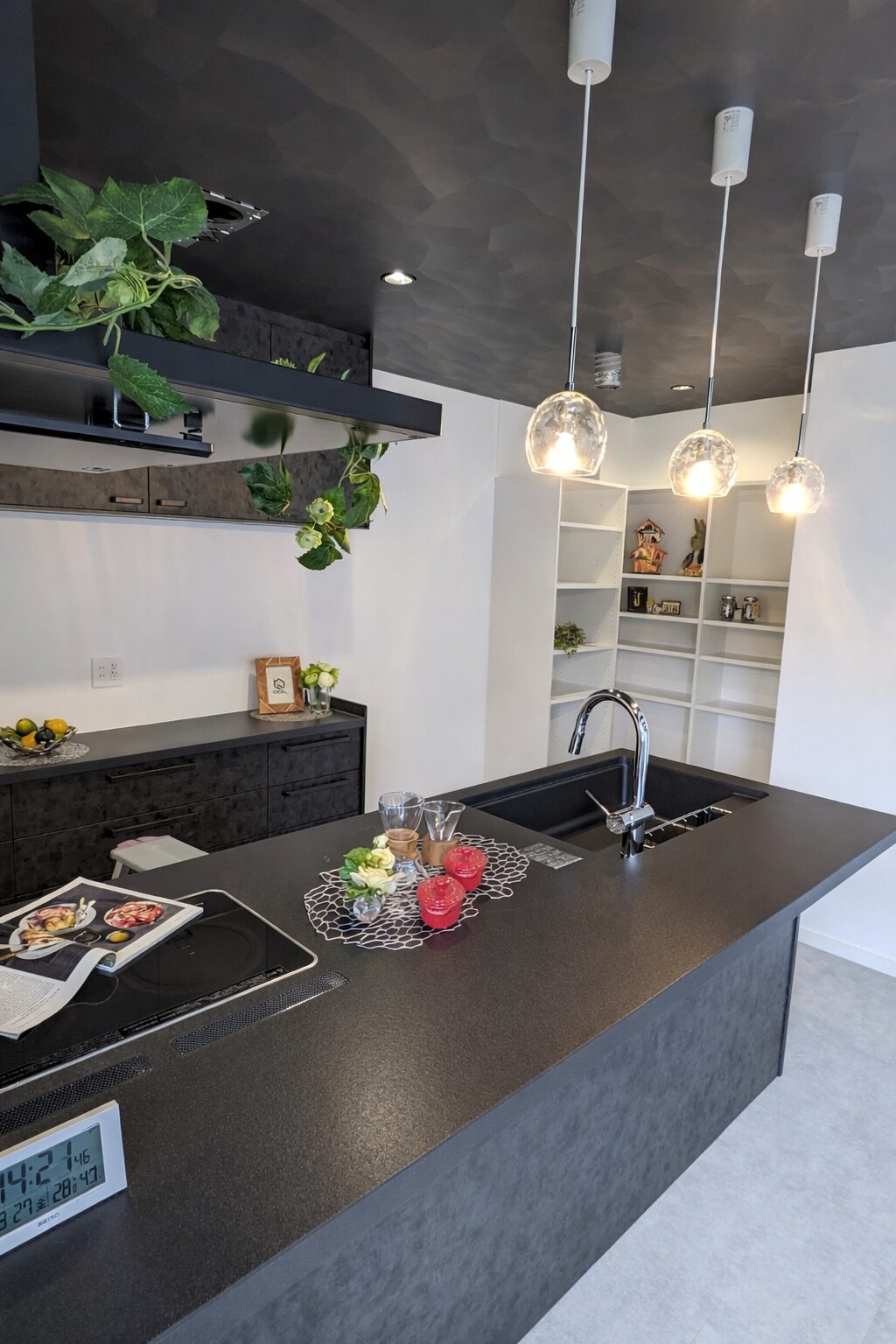 塗り壁のシックな外壁とホテルライクな床材のリビングの家